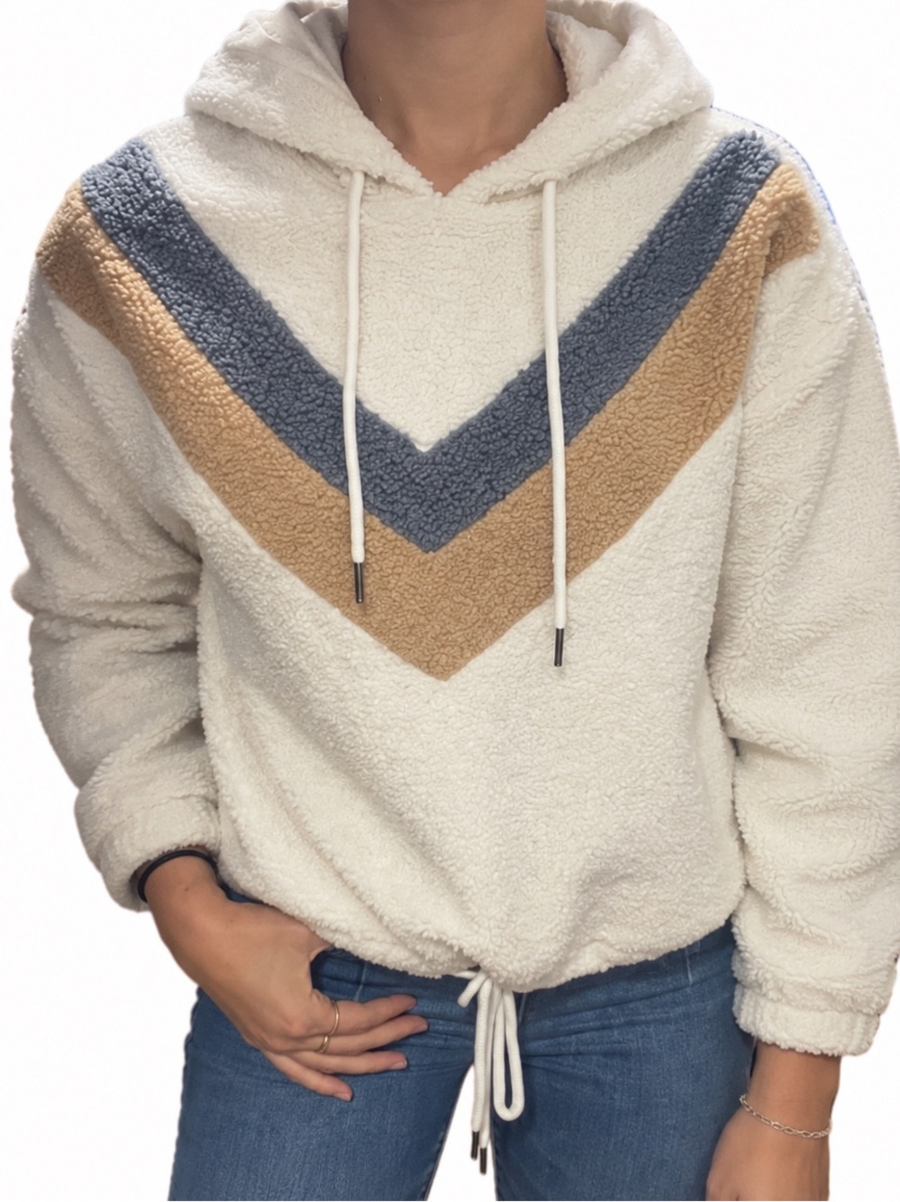 Paper Crane VICI Cream Sherpa Chevron Hooded Pullover Size S